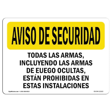 Signmission OSHA SECURITY NOTICE Sign, Concealed Firearms Spanish, 5in X 3.5in Decal, 5" W, 3.5" H, Landscape OS-SN-D-35-L-11515